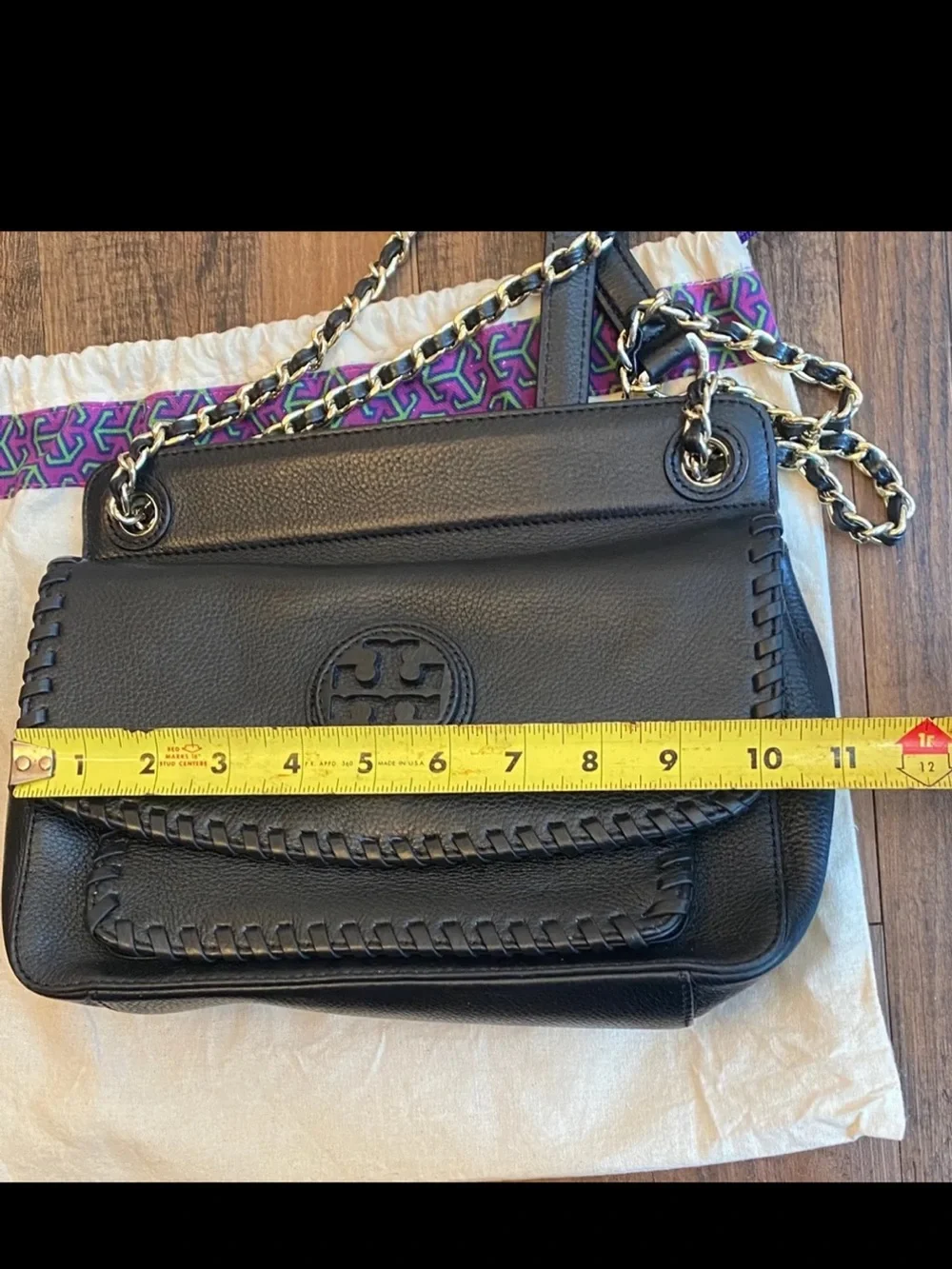 Tory Burch Marion Black Leather Shoulder Bag with Gold Chain